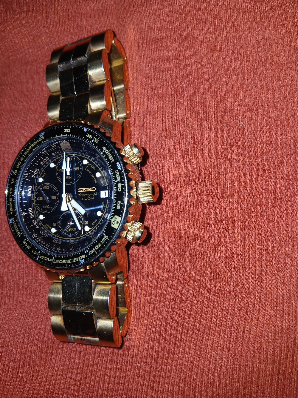 Seiko Flightmaster, model SNA414 Gold-Tone Watch with Black Dial and Chronograph